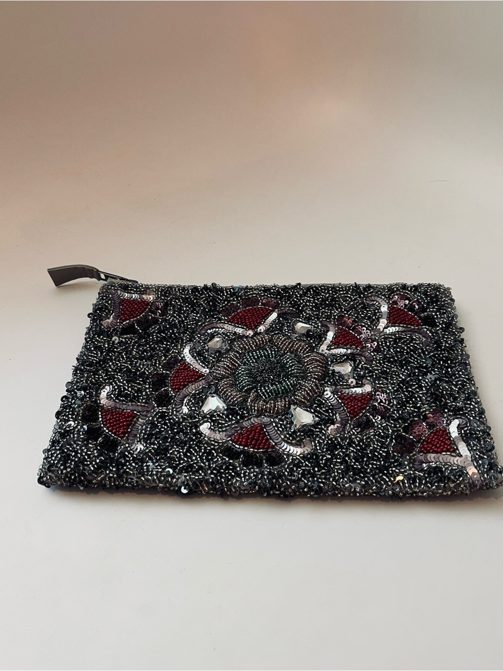 Beaded Metallic Floral Zip Pouch - Silver, Green and Red